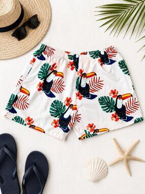 Uzzi XL Toucan Tropical Swim Trunks White Beach Vacation Swim Shorts